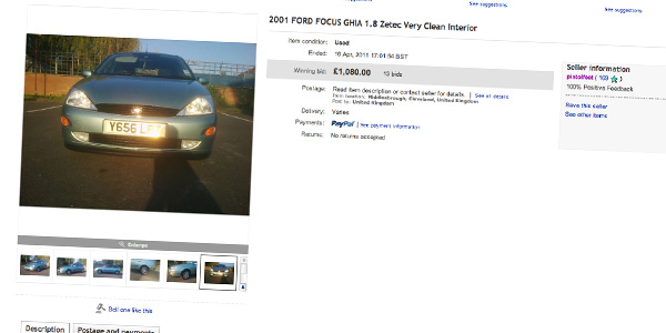 A screengrab of an eBay advert for a mint green Ford Focus