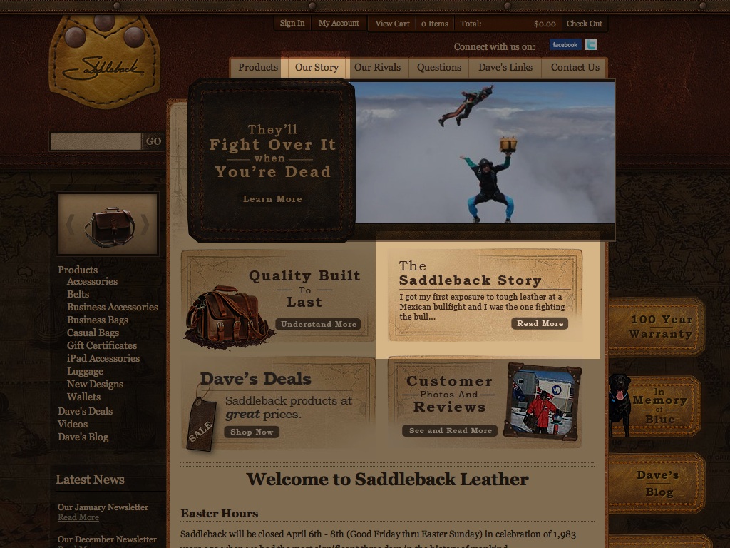 The home page of the Saddleback Leather website