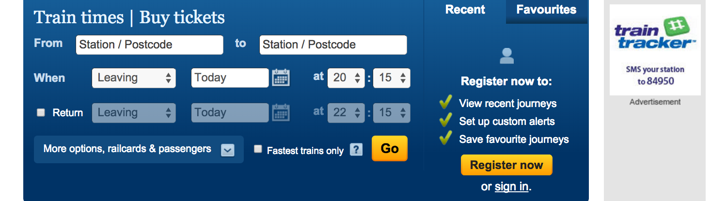 A screenshot of the homepage of the National Rail Enquiries website