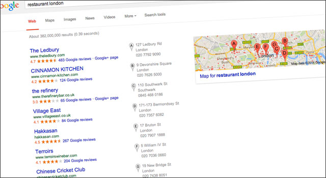 An example of Google Local listings for London restaurants — Getting found with Google+ Local pages