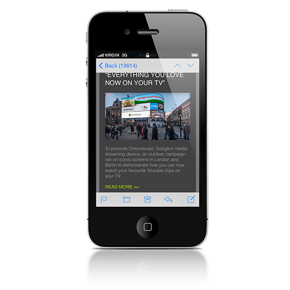 An iPhone displaying an email newsletter for advertising production company Grand Visual | Tribus Creative - content distribution for small businesses